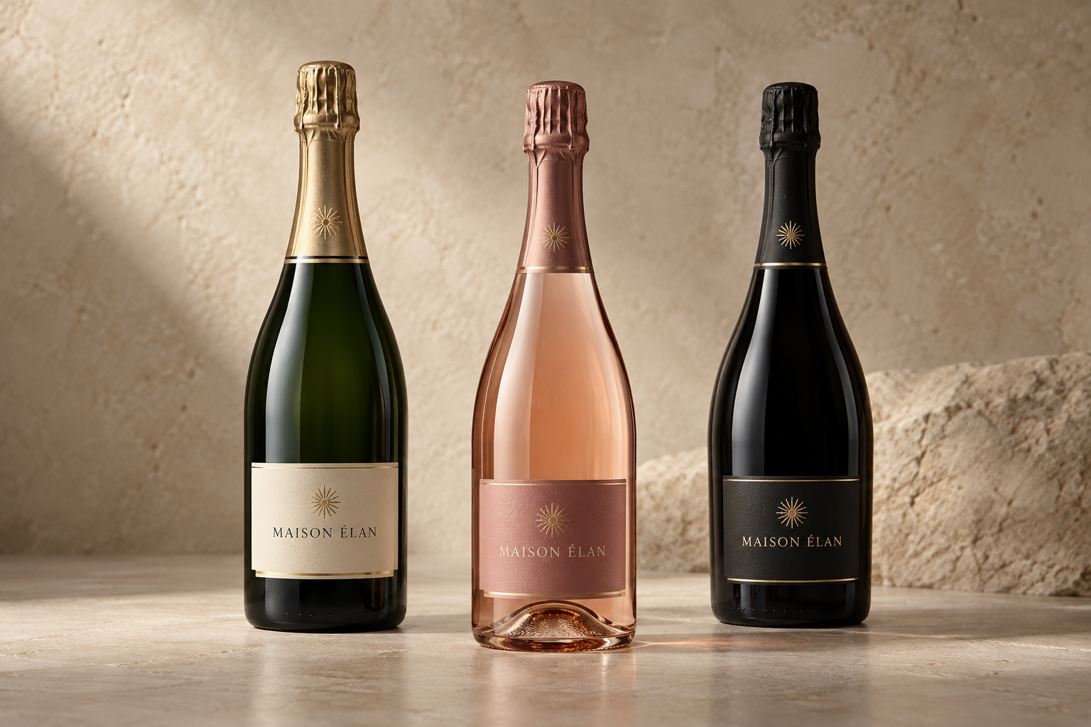 Three Maison Élan sparkling wine bottles