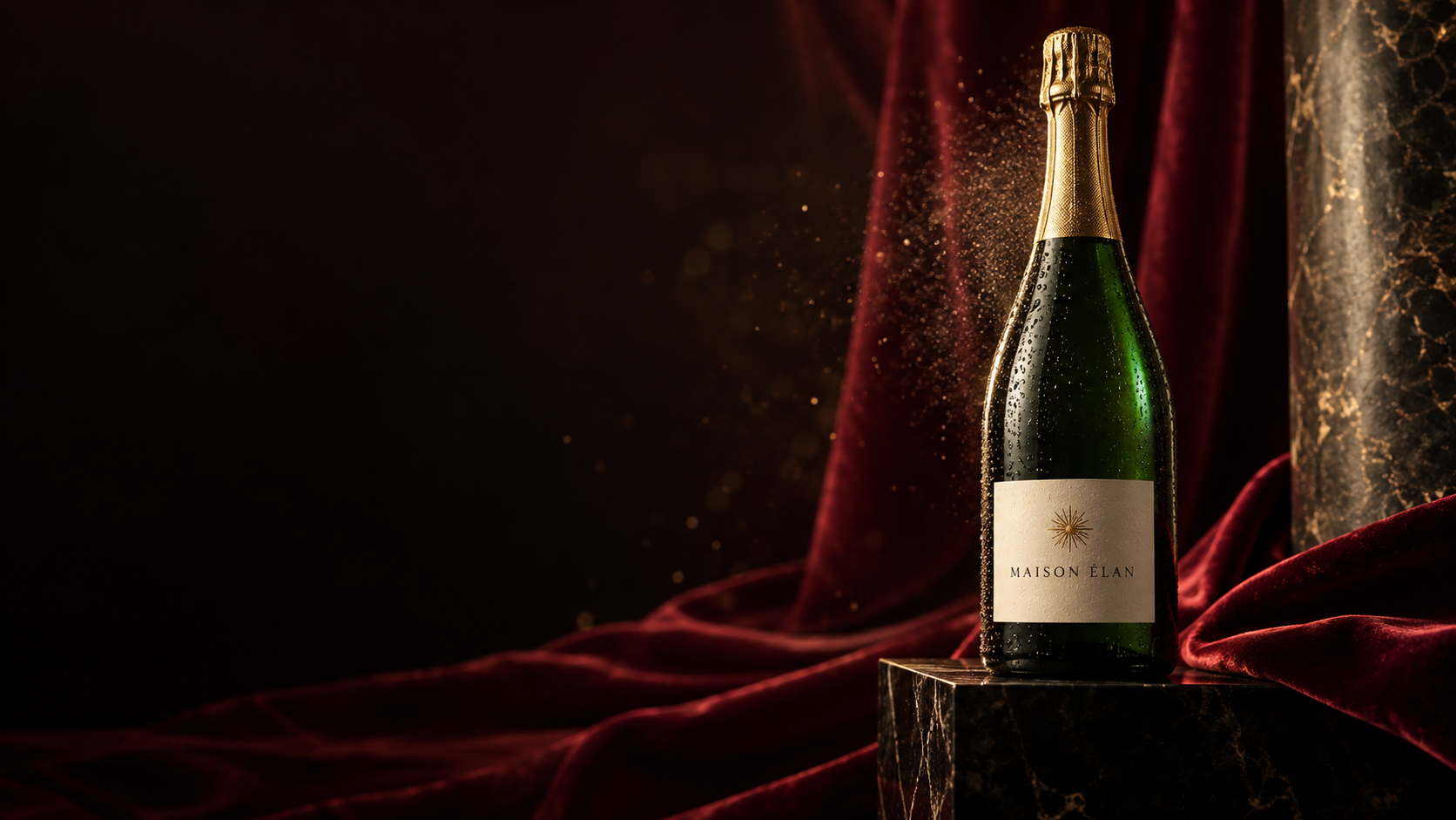 Maison Élan sparkling wine bottle on burgundy velvet