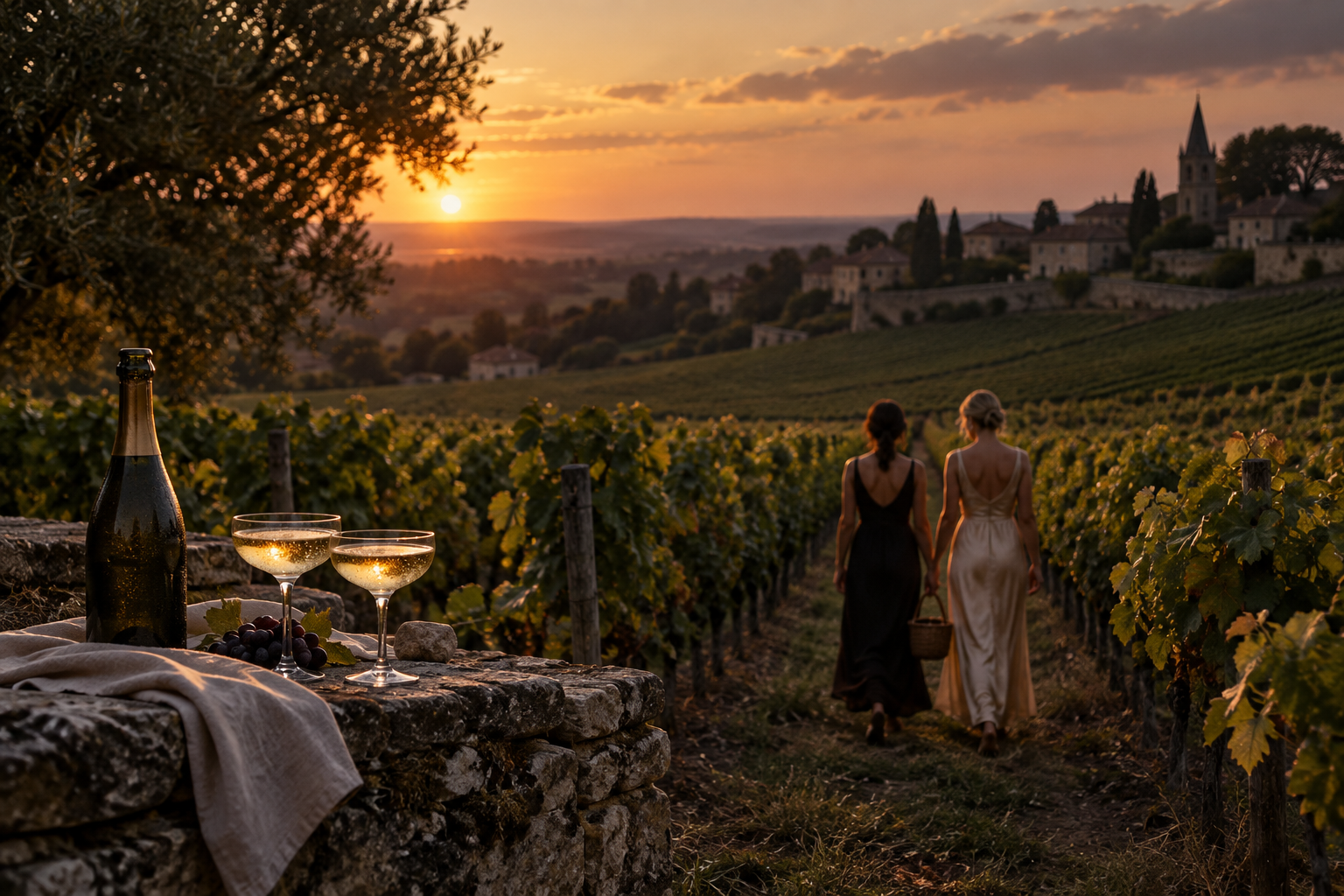 Friends walking through a vineyard at sunset